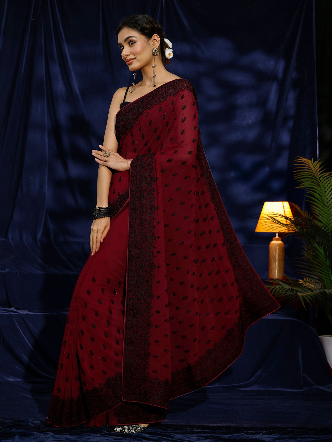 Mameraa Red Floral Embroidered Georgette Saree