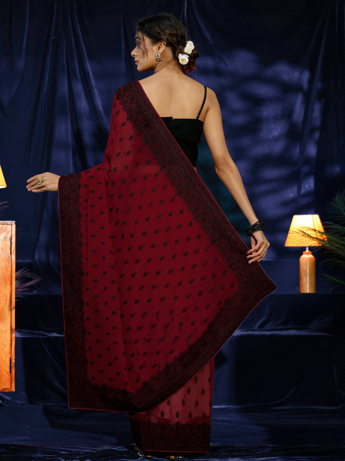 Mameraa Red Floral Embroidered Georgette Saree