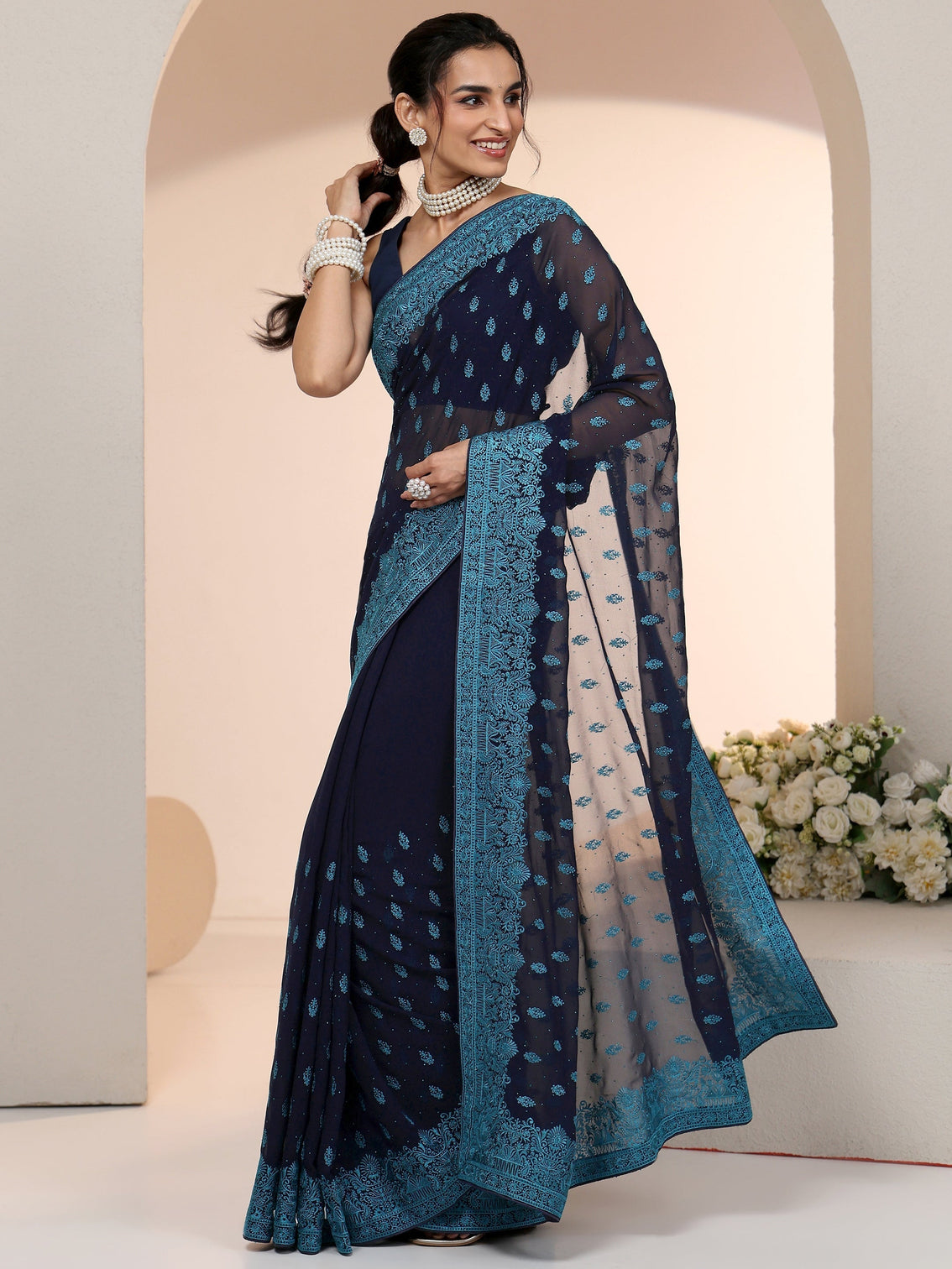 Mameraa Navy Embroidered Georgette Saree with Ethnic Motifs