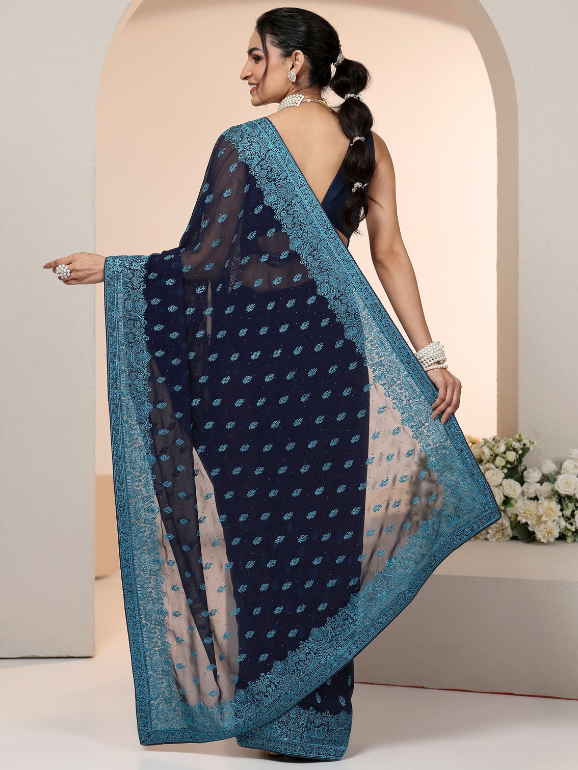 Mameraa Navy Embroidered Georgette Saree with Ethnic Motifs