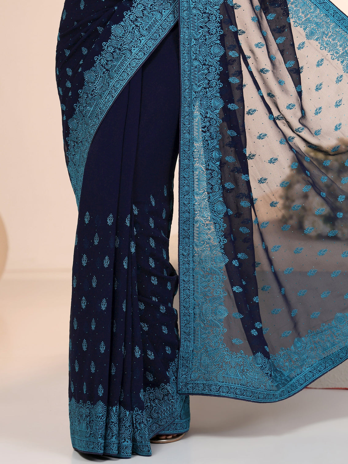 Mameraa Navy Embroidered Georgette Saree with Ethnic Motifs