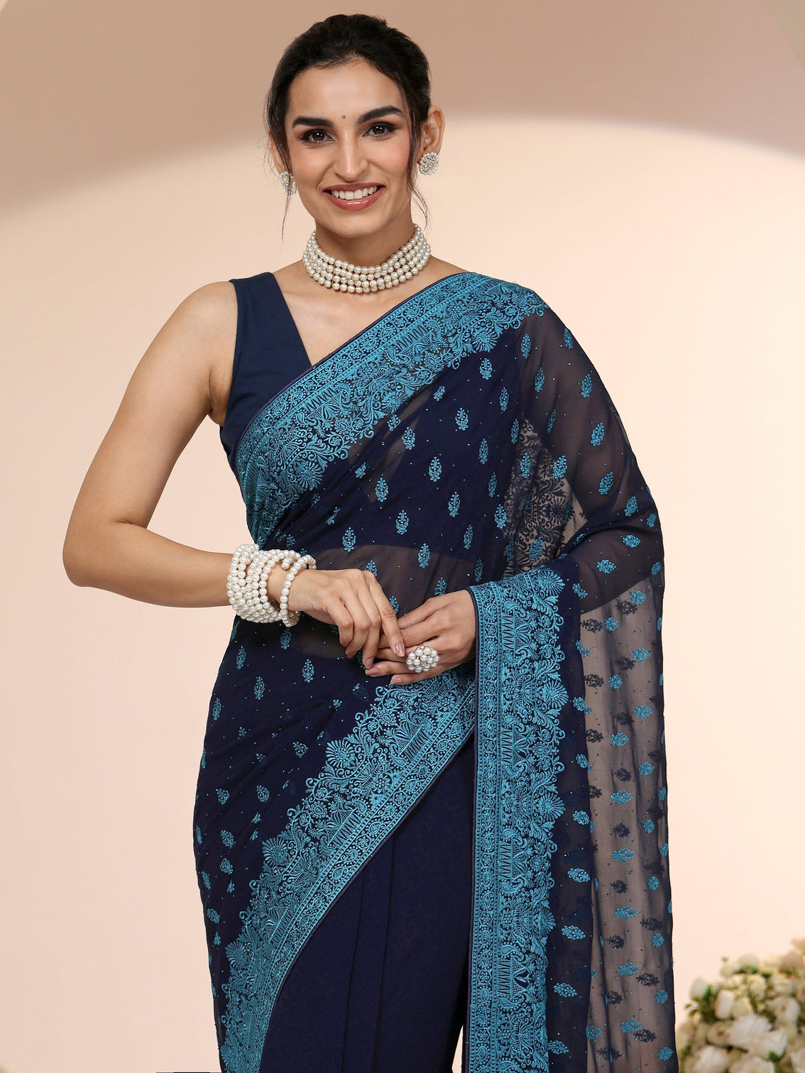 Mameraa Navy Embroidered Georgette Saree with Ethnic Motifs