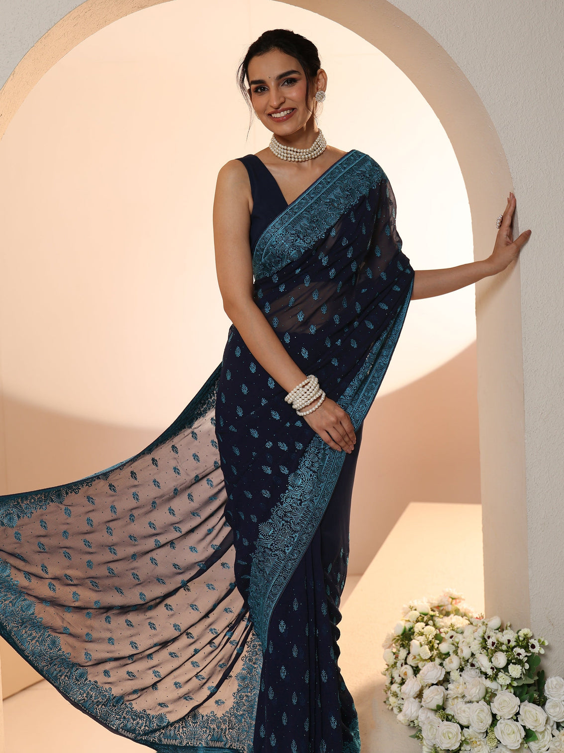 Mameraa Navy Embroidered Georgette Saree with Ethnic Motifs