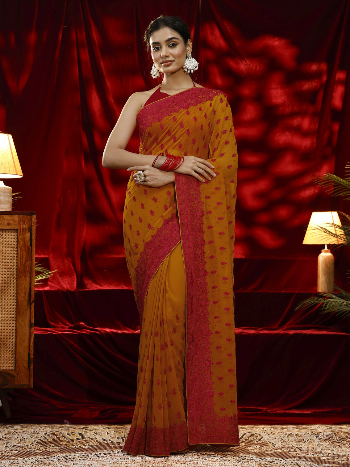 Mameraa Mustard Floral Embroidered Georgette Saree