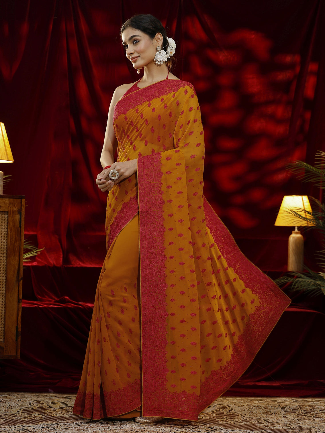 Mameraa Mustard Floral Embroidered Georgette Saree