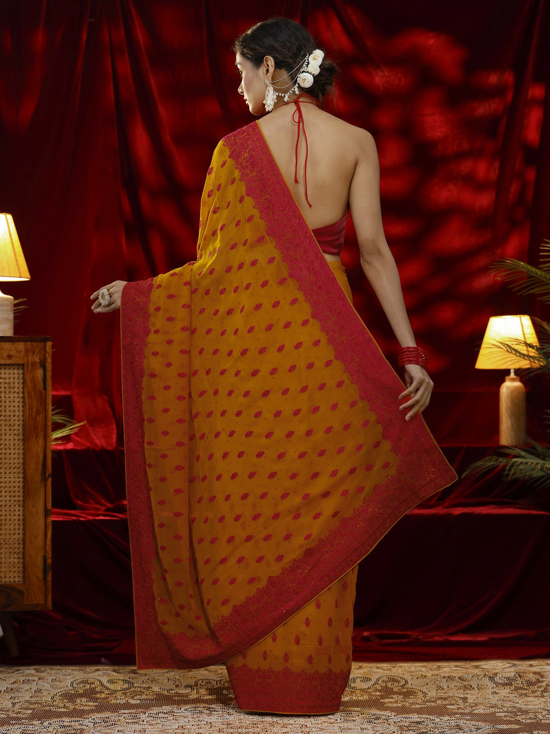 Mameraa Mustard Floral Embroidered Georgette Saree