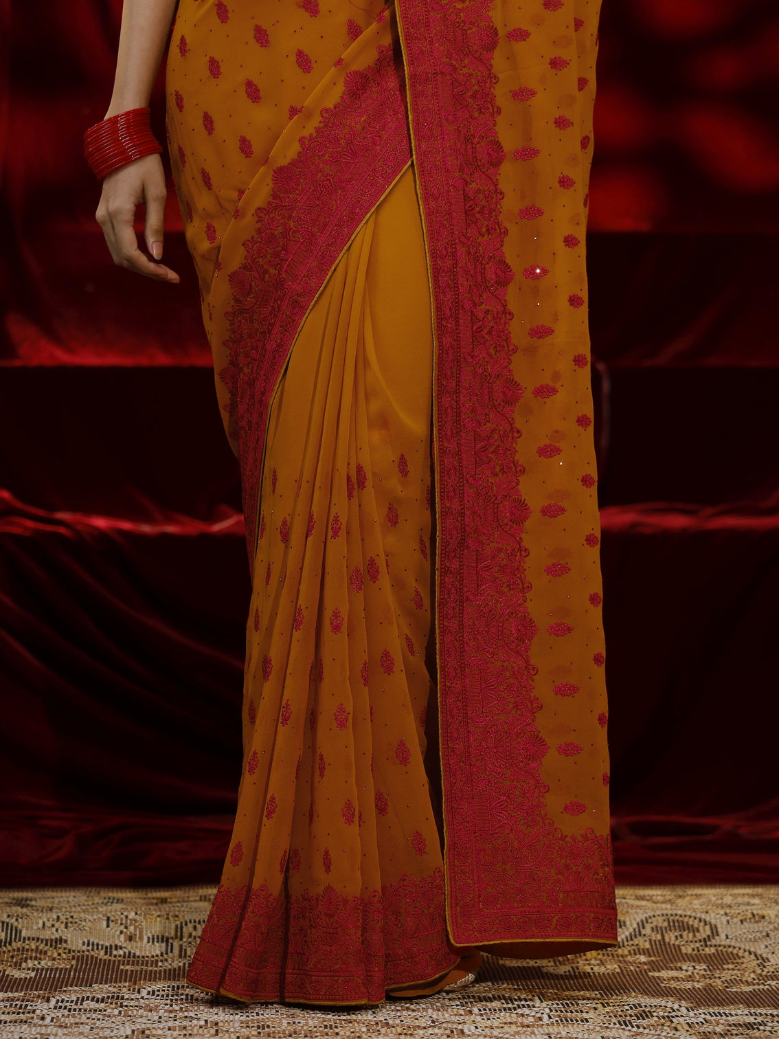 Mameraa Mustard Floral Embroidered Georgette Saree