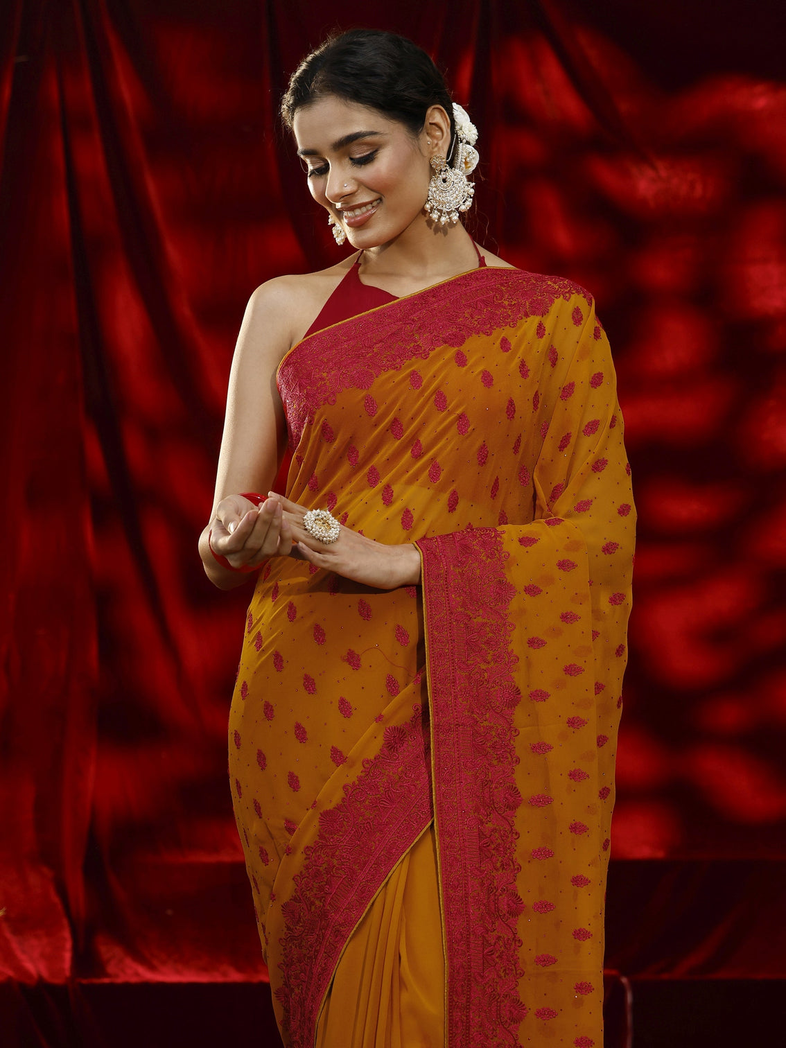 Mameraa Mustard Floral Embroidered Georgette Saree