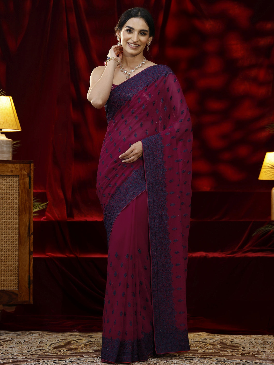Mameraa Pink Floral Embroidered Georgette Saree