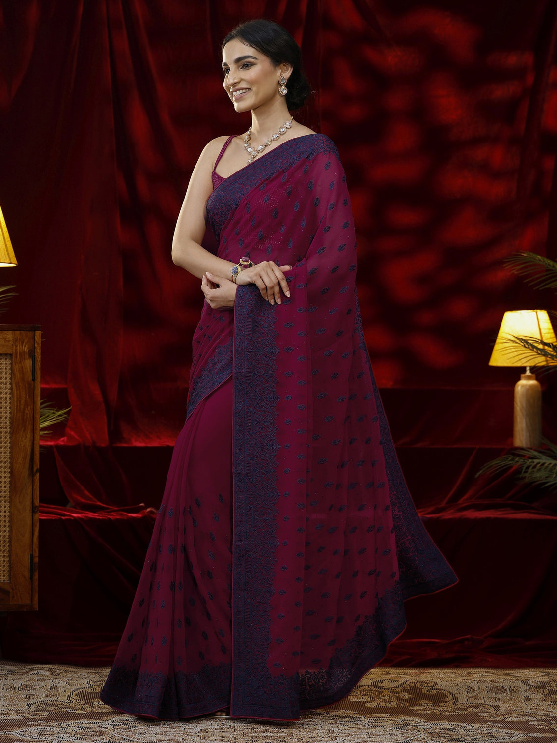 Mameraa Pink Floral Embroidered Georgette Saree