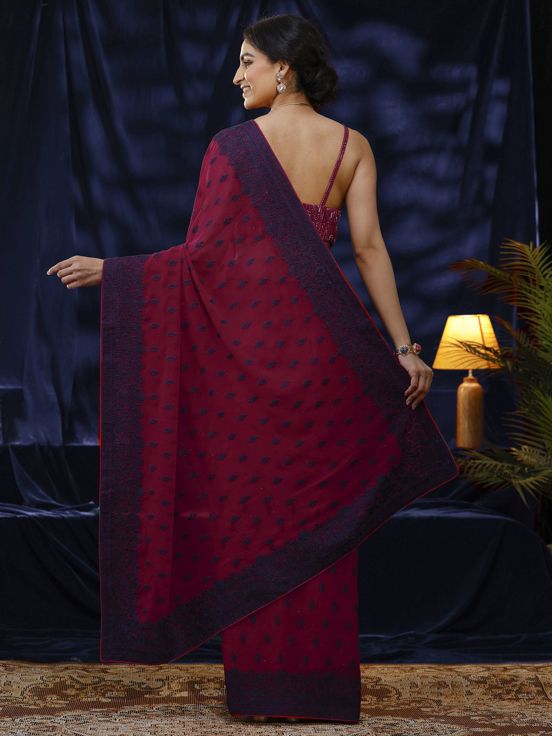 Mameraa Pink Floral Embroidered Georgette Saree