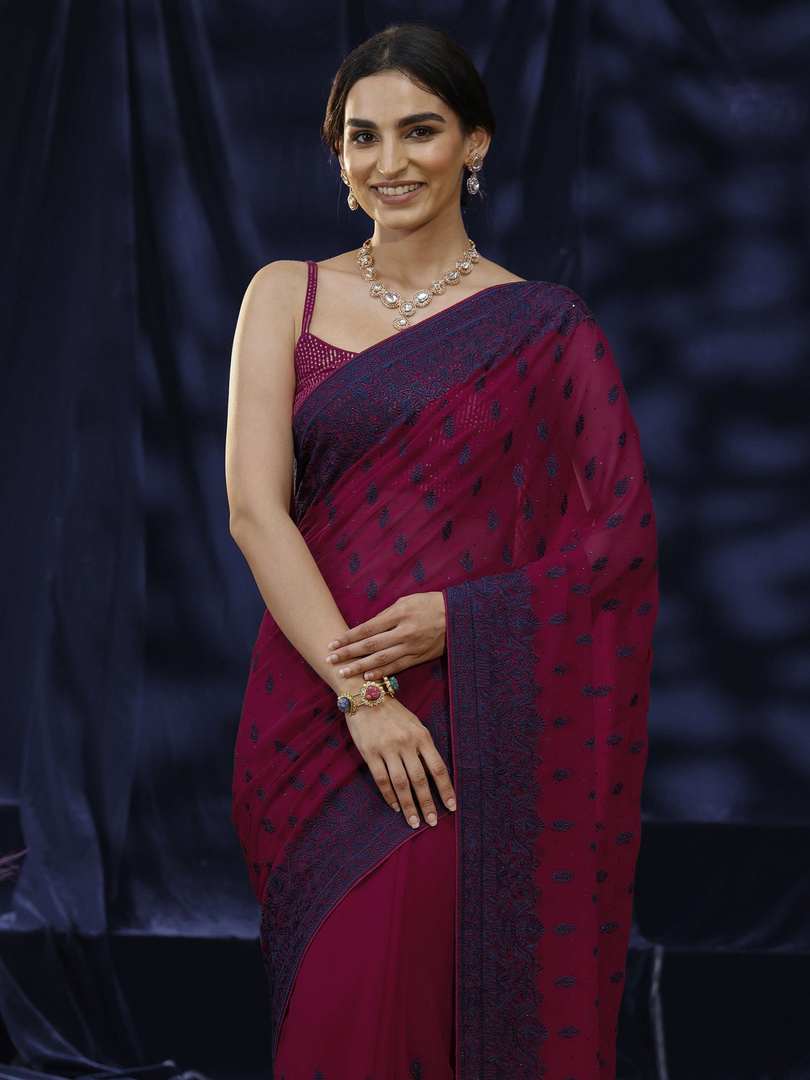 Mameraa Pink Floral Embroidered Georgette Saree