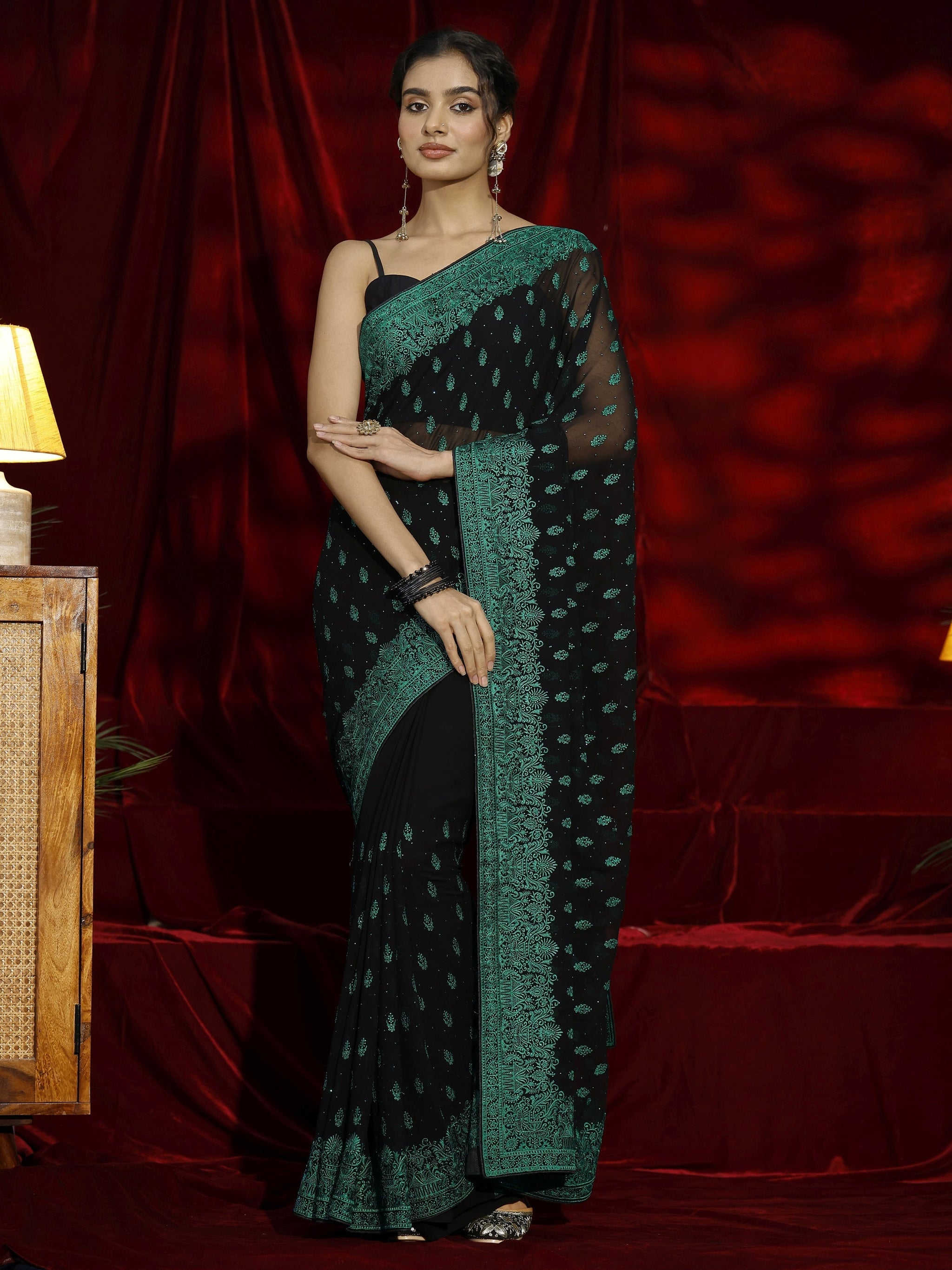 Libas Black Floral Embroidered Georgette Saree