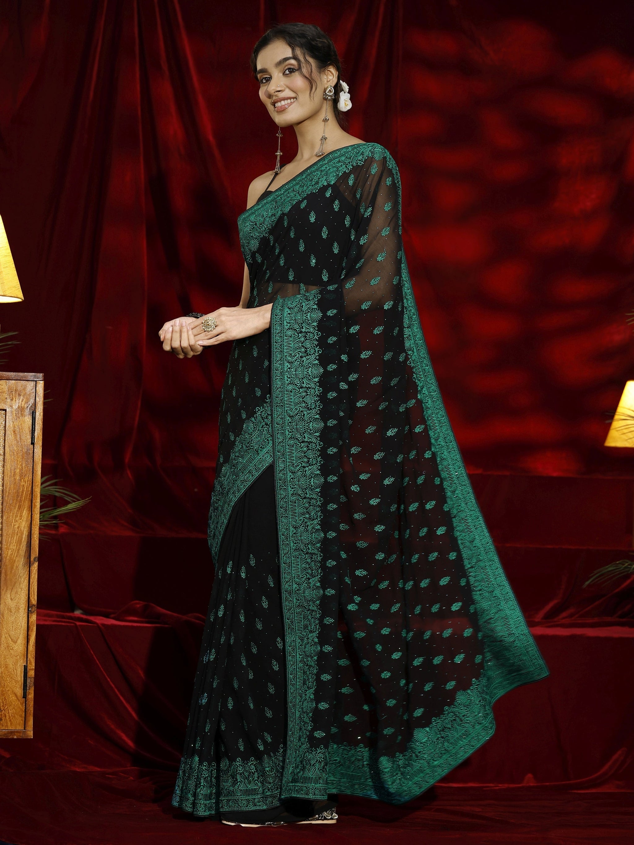 Libas Black Floral Embroidered Georgette Saree