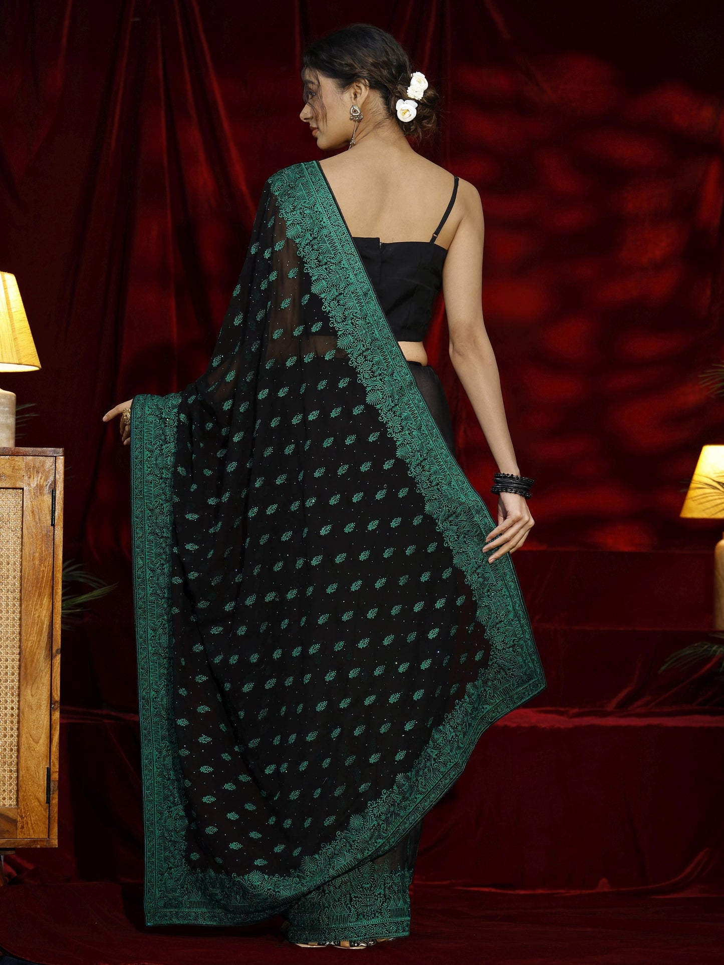 Libas Black Floral Embroidered Georgette Saree