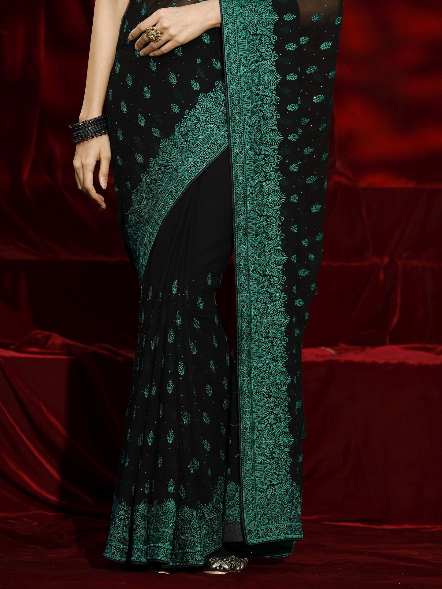 Libas Black Floral Embroidered Georgette Saree