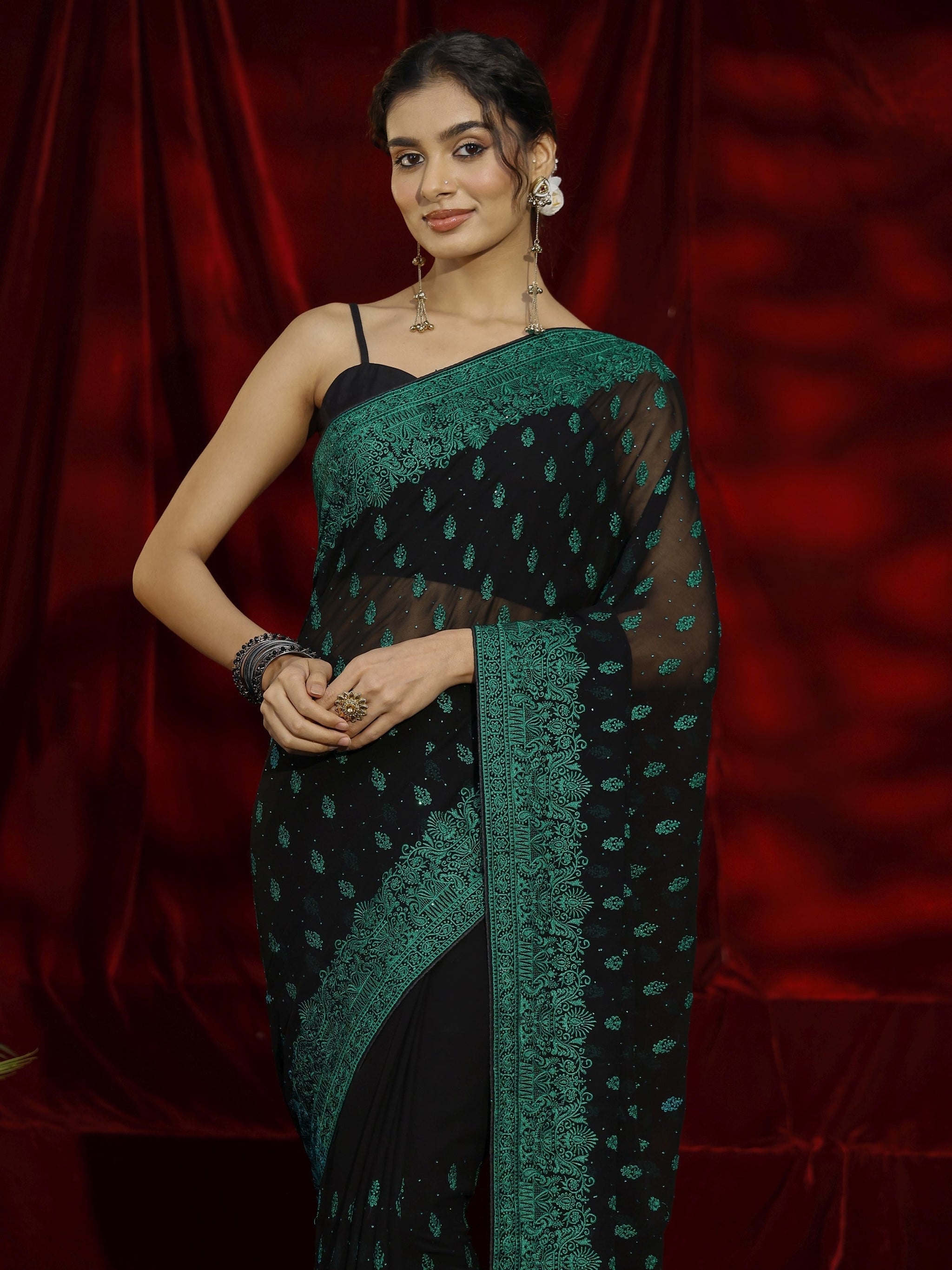 Libas Black Floral Embroidered Georgette Saree