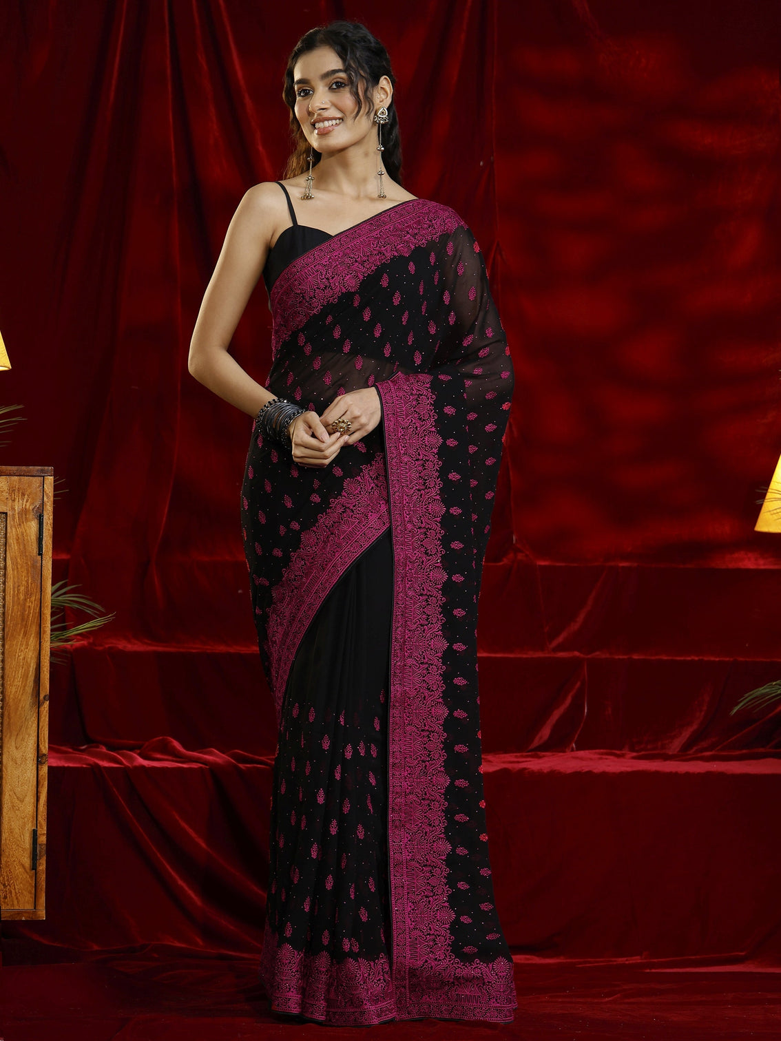 Mameraa Black Floral Embroidered Georgette Saree