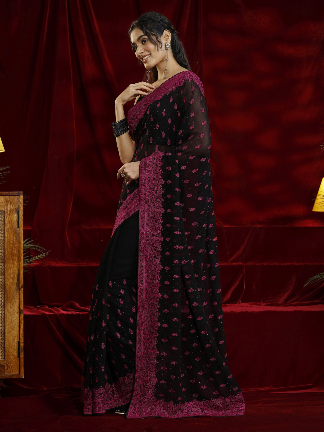 Mameraa Black Floral Embroidered Georgette Saree