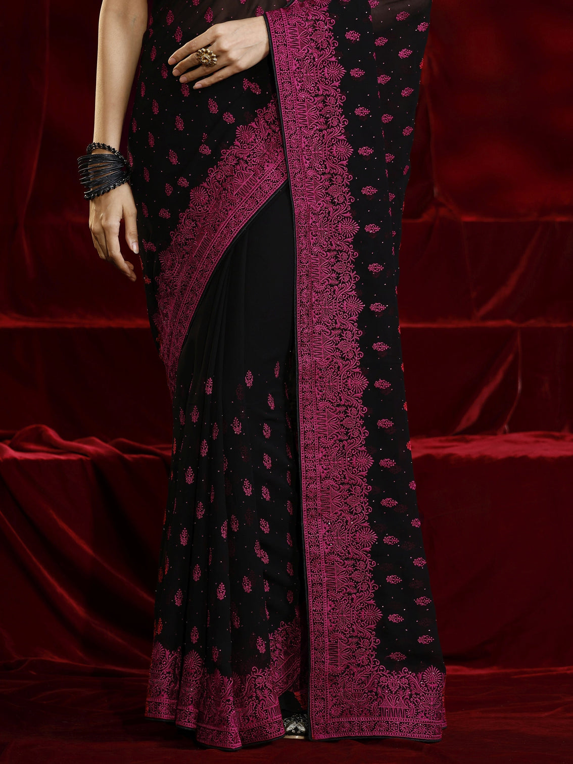 Mameraa Black Floral Embroidered Georgette Saree