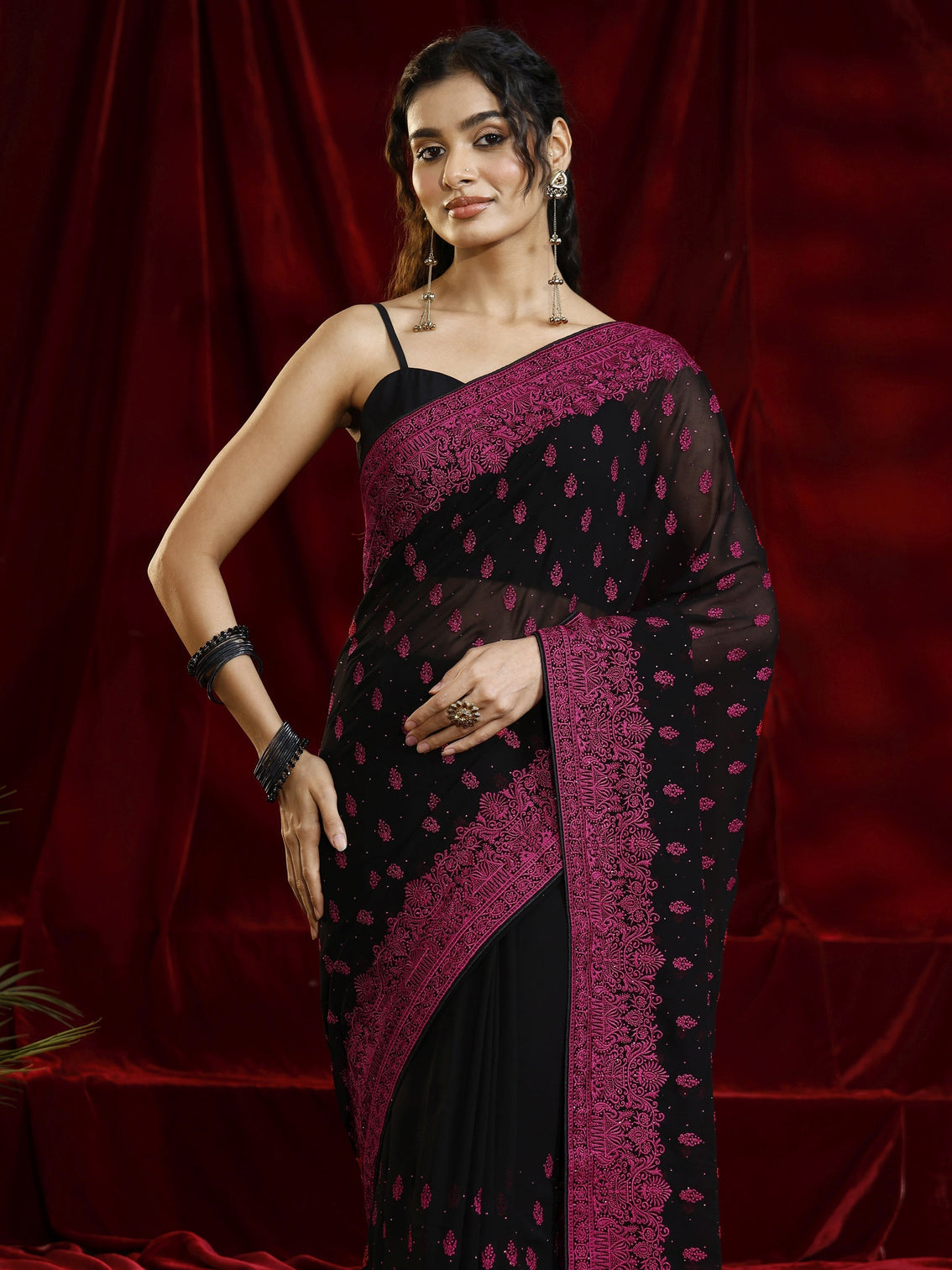 Mameraa Black Floral Embroidered Georgette Saree