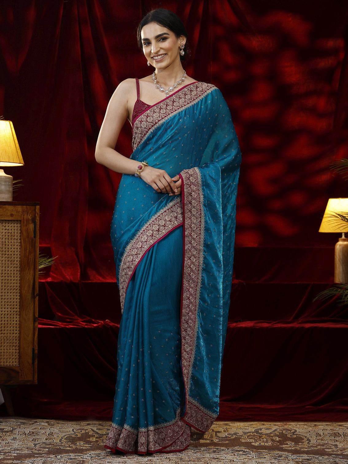 Mameraa Blue Embellished Tissue Saree