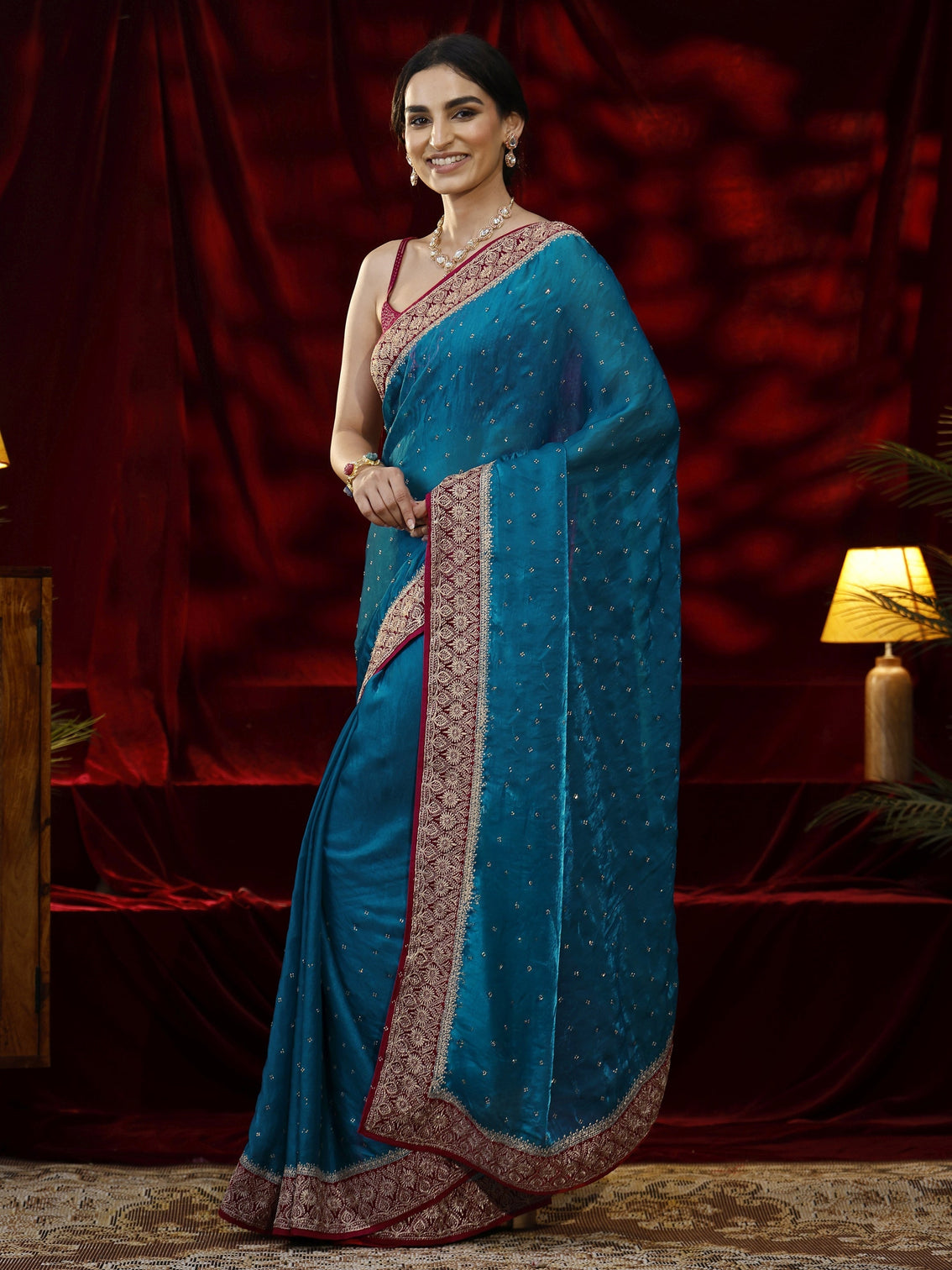 Mameraa Blue Embellished Tissue Saree