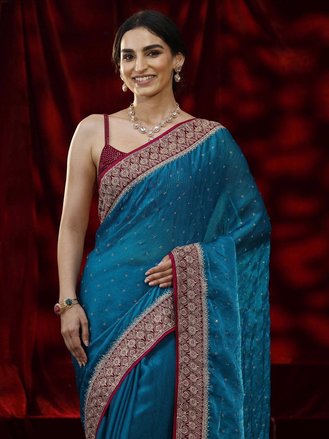 Mameraa Blue Embellished Tissue Saree