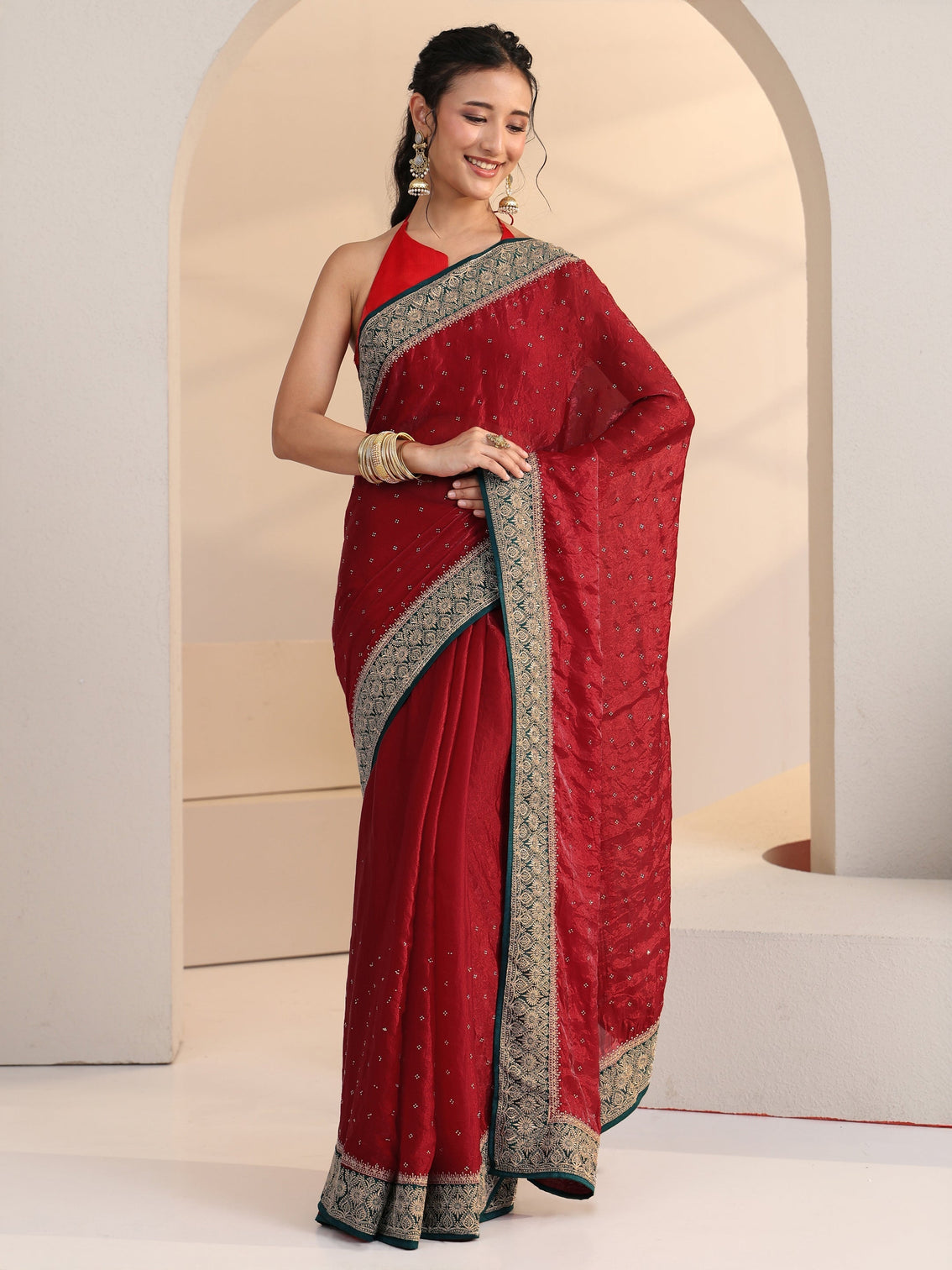 Mameraa Cardinal Red Stone Work Embellished Tissue Saree