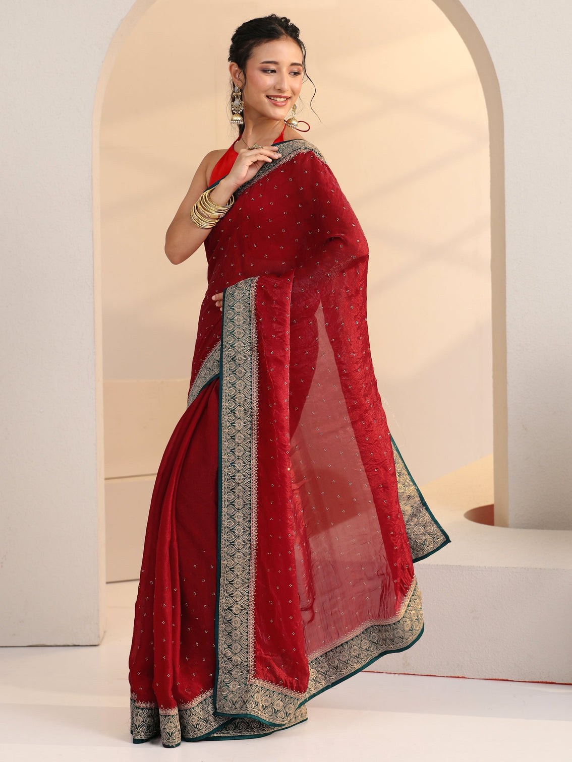 Mameraa Cardinal Red Stone Work Embellished Tissue Saree