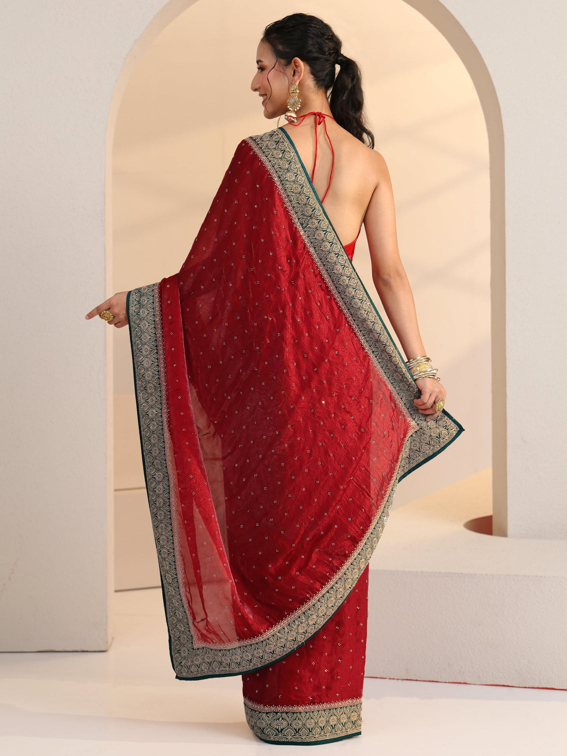 Mameraa Cardinal Red Stone Work Embellished Tissue Saree