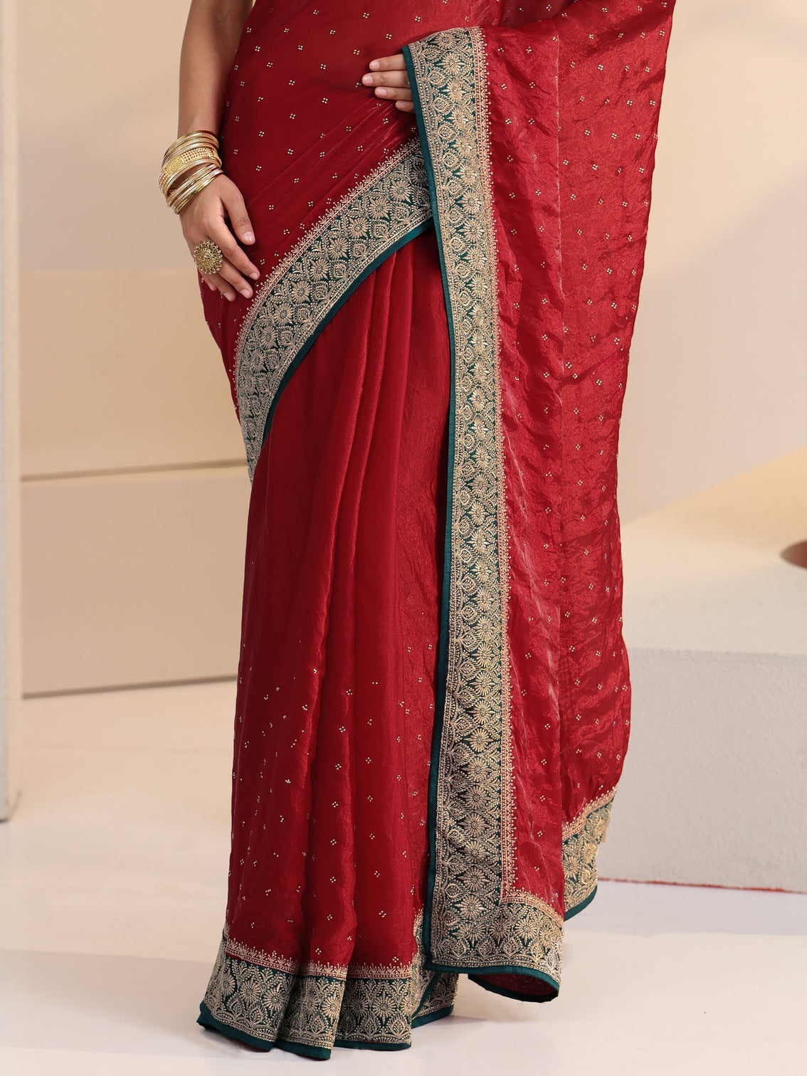 Mameraa Cardinal Red Stone Work Embellished Tissue Saree