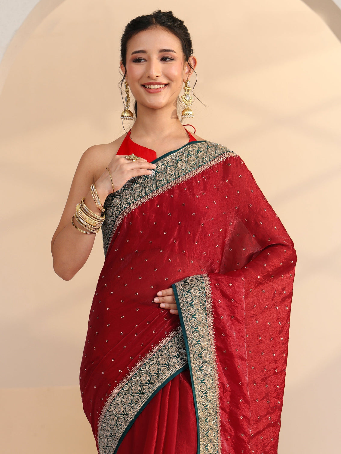 Mameraa Cardinal Red Stone Work Embellished Tissue Saree