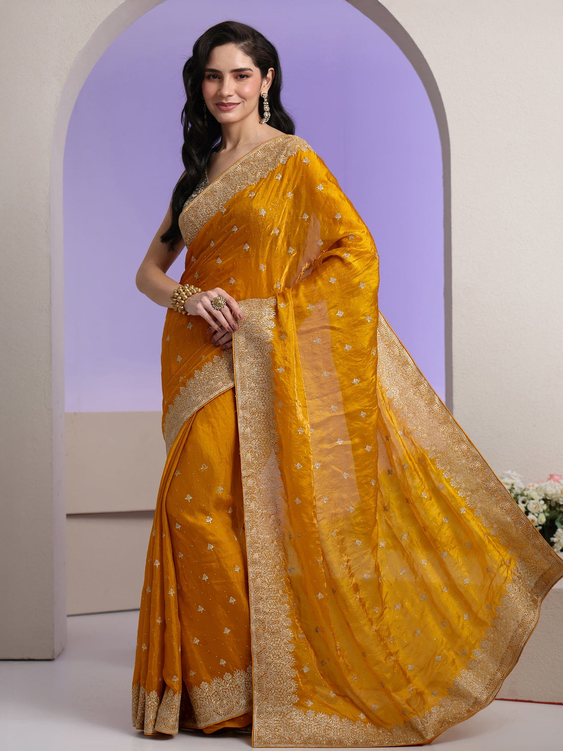 Mameraa Mustard Embroidered Tissue Saree