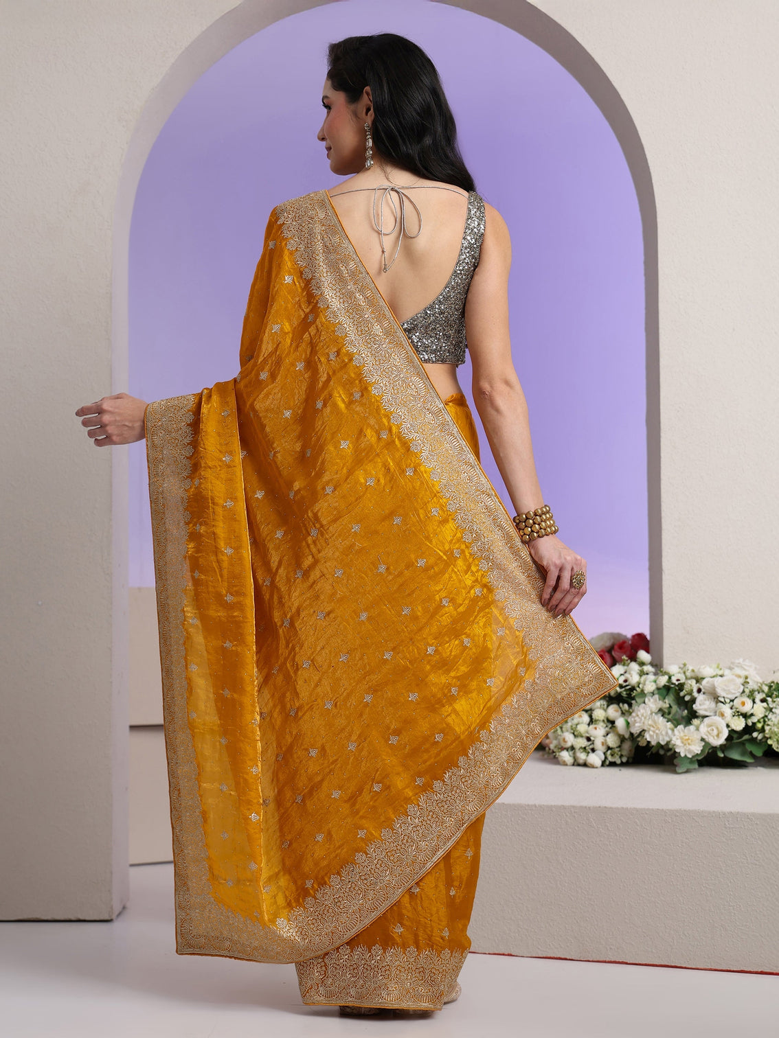 Mameraa Mustard Embroidered Tissue Saree