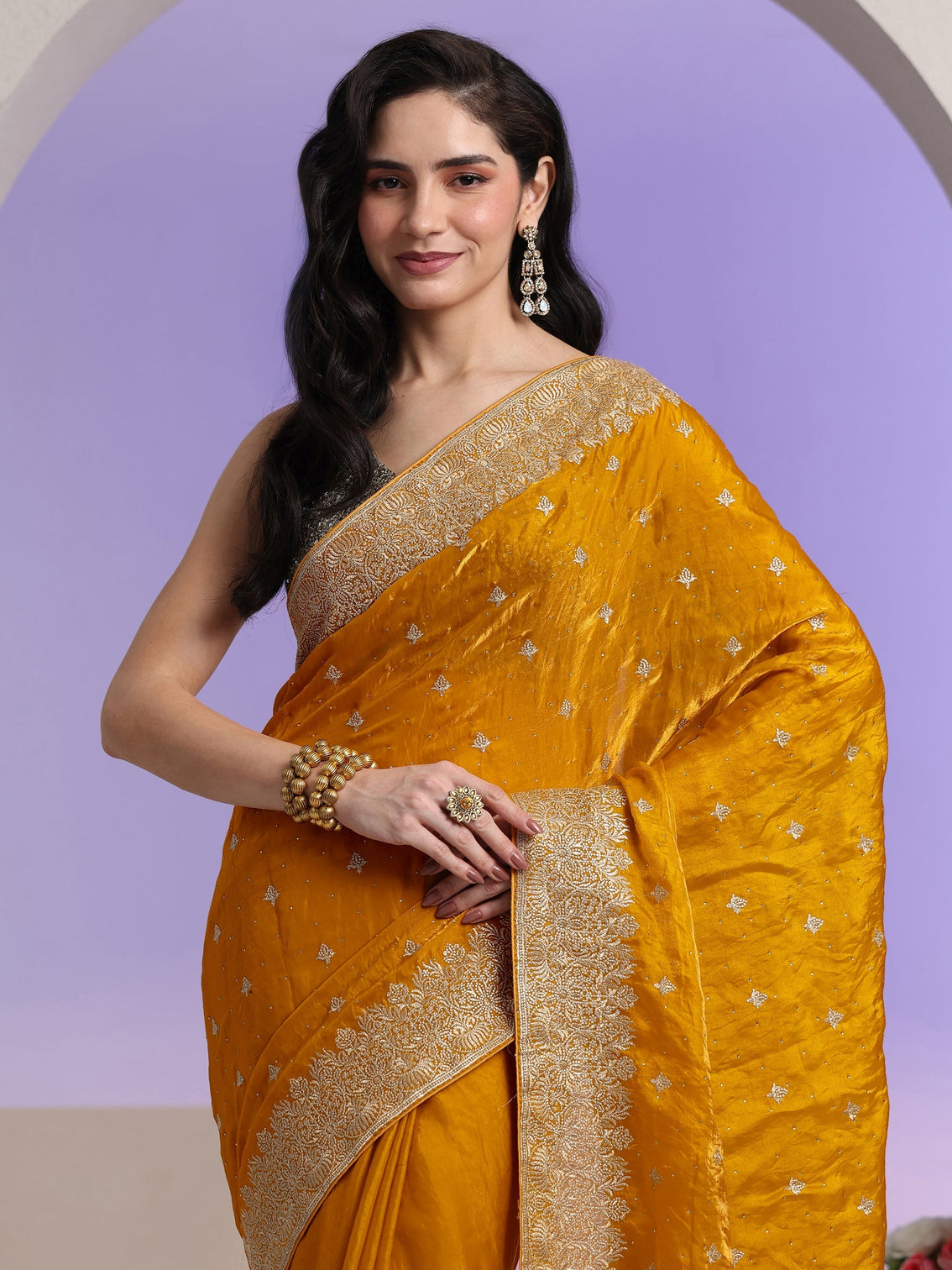 Mameraa Mustard Embroidered Tissue Saree