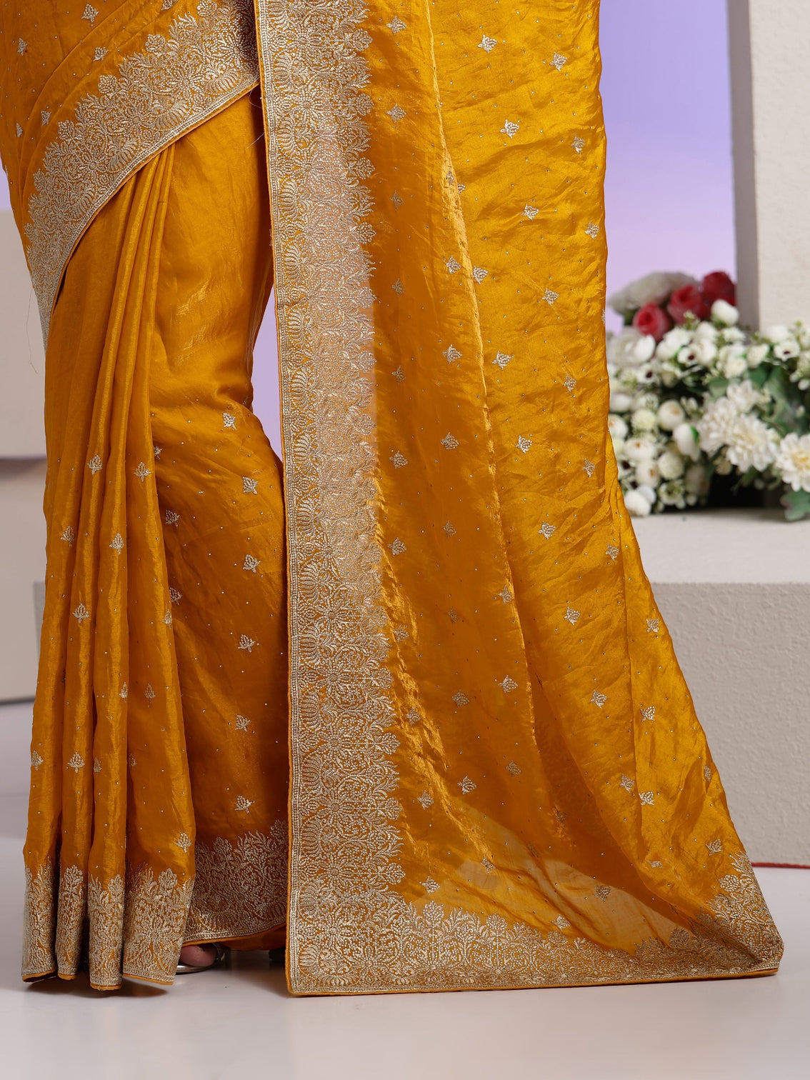 Mameraa Mustard Embroidered Tissue Saree