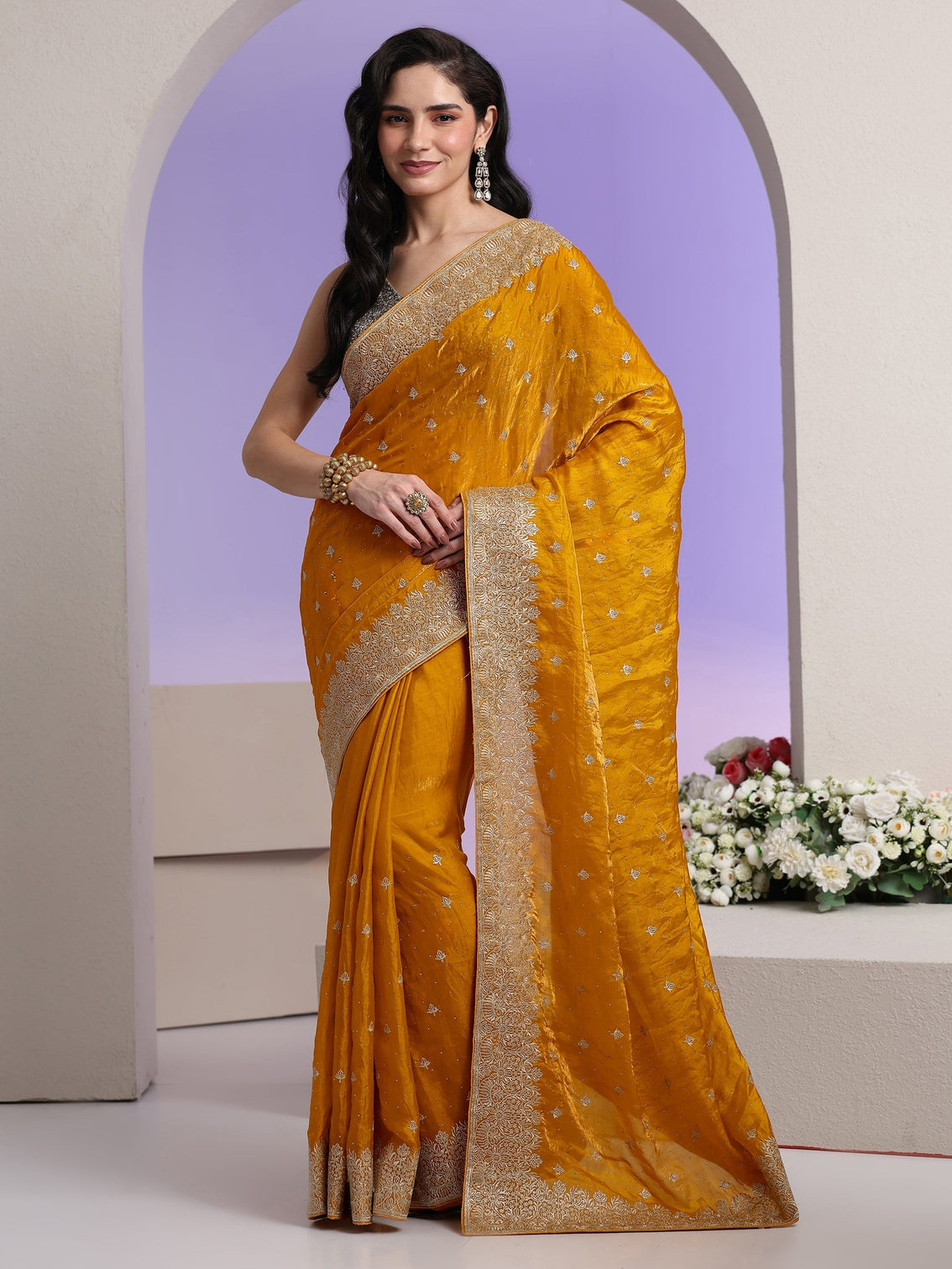 Mameraa Mustard Embroidered Tissue Saree