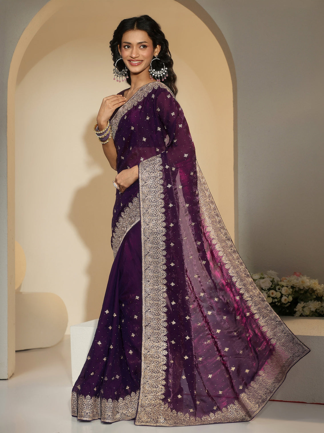 Mameraa Aubergine Purple Embroidered Tissue Saree