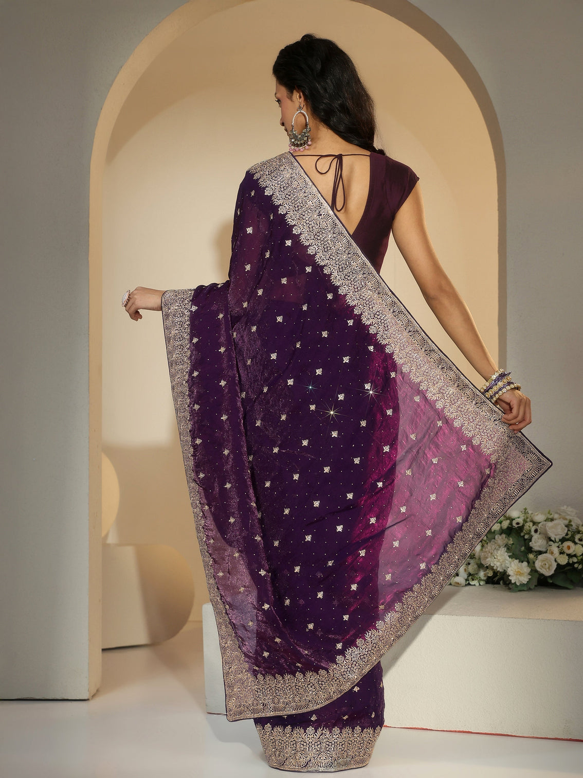 Mameraa Aubergine Purple Embroidered Tissue Saree