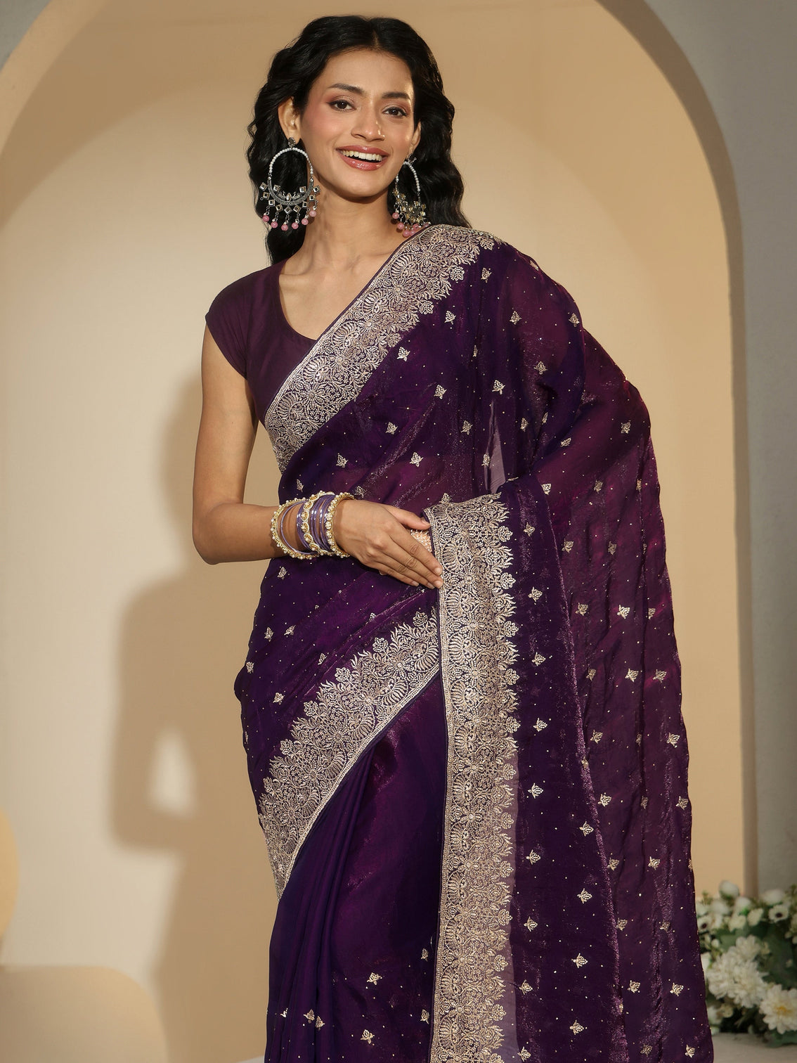 Mameraa Aubergine Purple Embroidered Tissue Saree