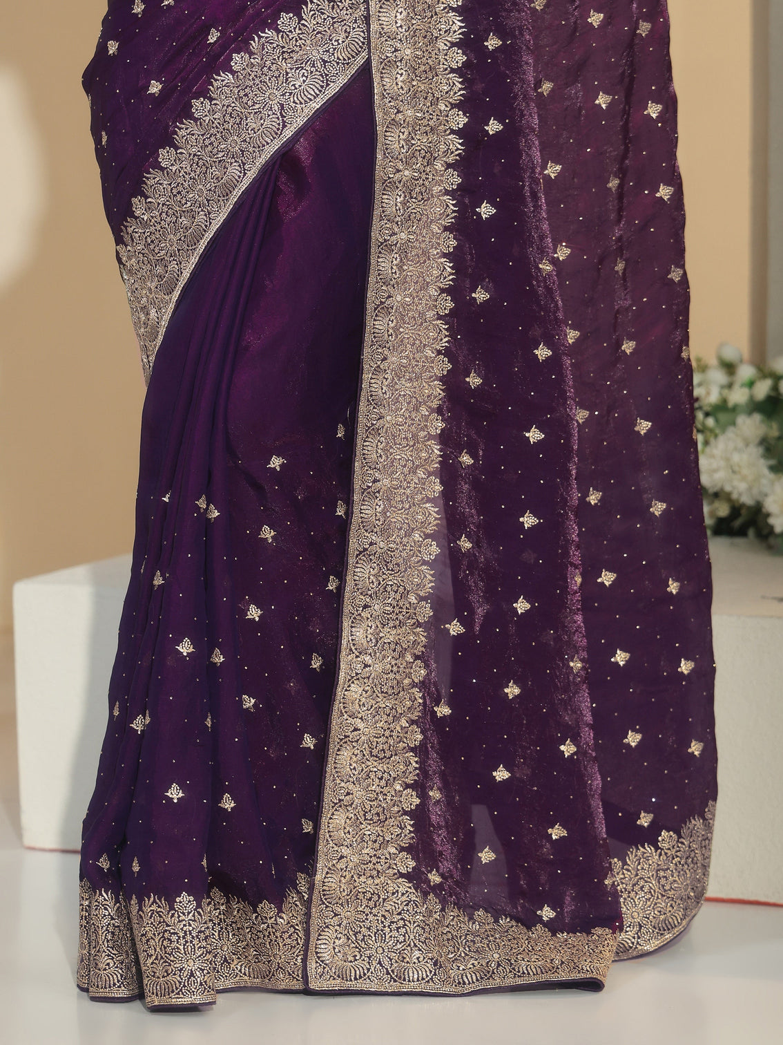 Mameraa Aubergine Purple Embroidered Tissue Saree