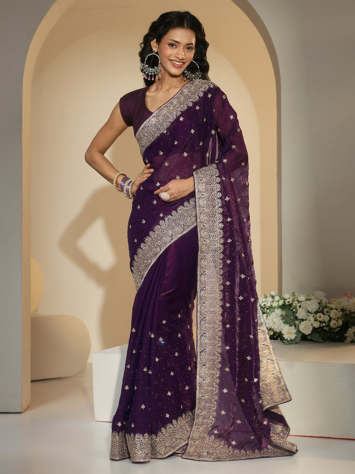 Mameraa Aubergine Purple Embroidered Tissue Saree
