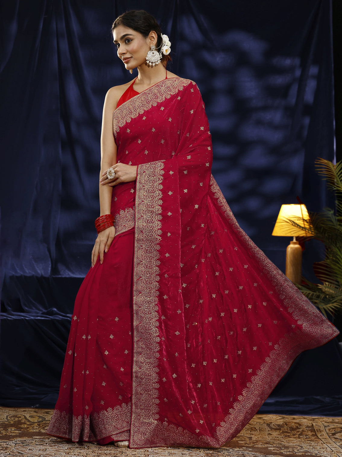 Mameraa Red Embroidered Tissue Saree