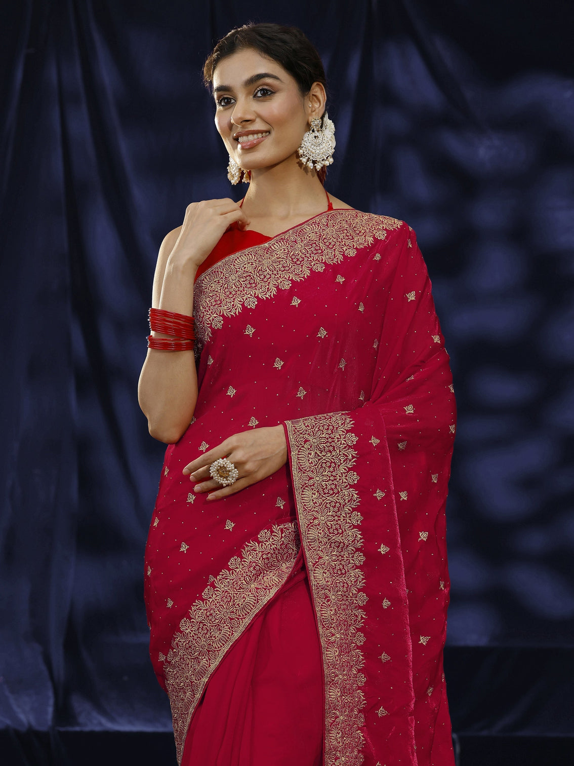 Mameraa Red Embroidered Tissue Saree
