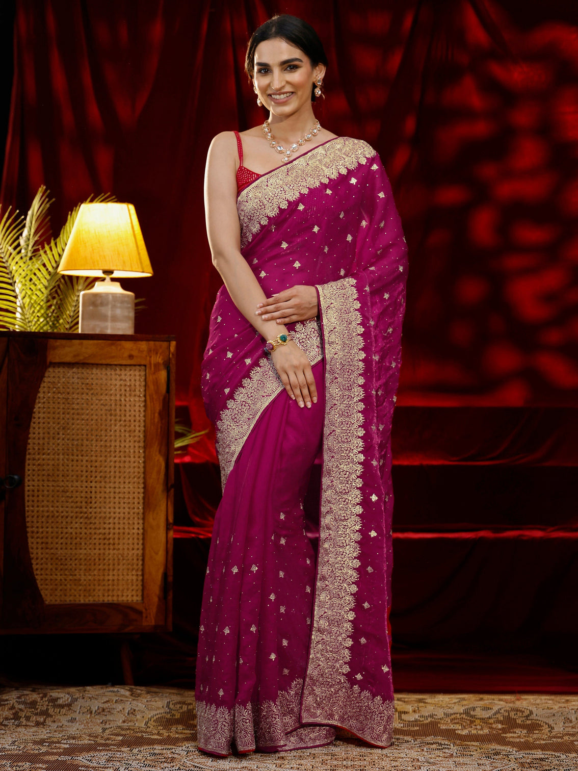 Mameraa Pink Embroidered Tissue Saree