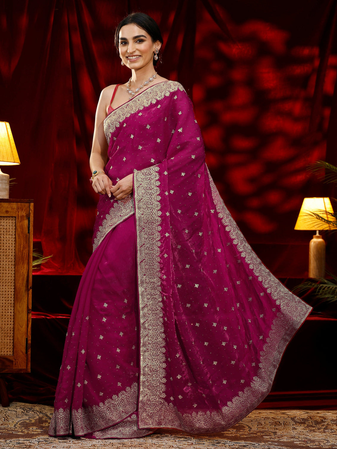 Mameraa Pink Embroidered Tissue Saree