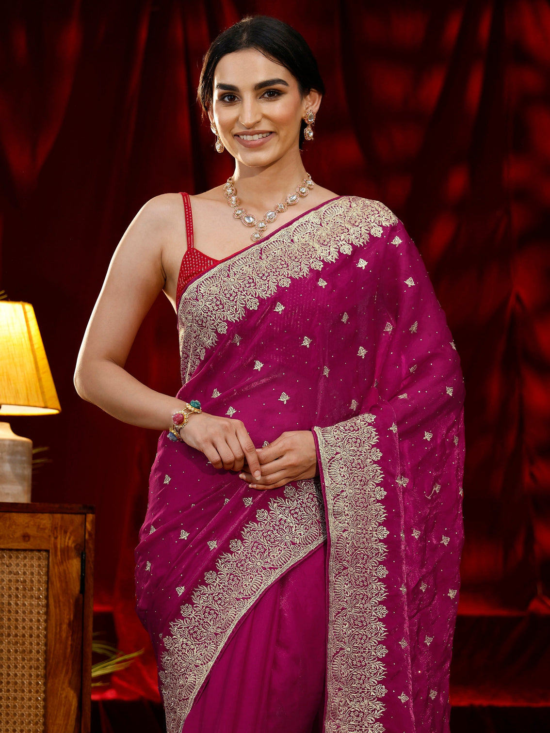Mameraa Pink Embroidered Tissue Saree