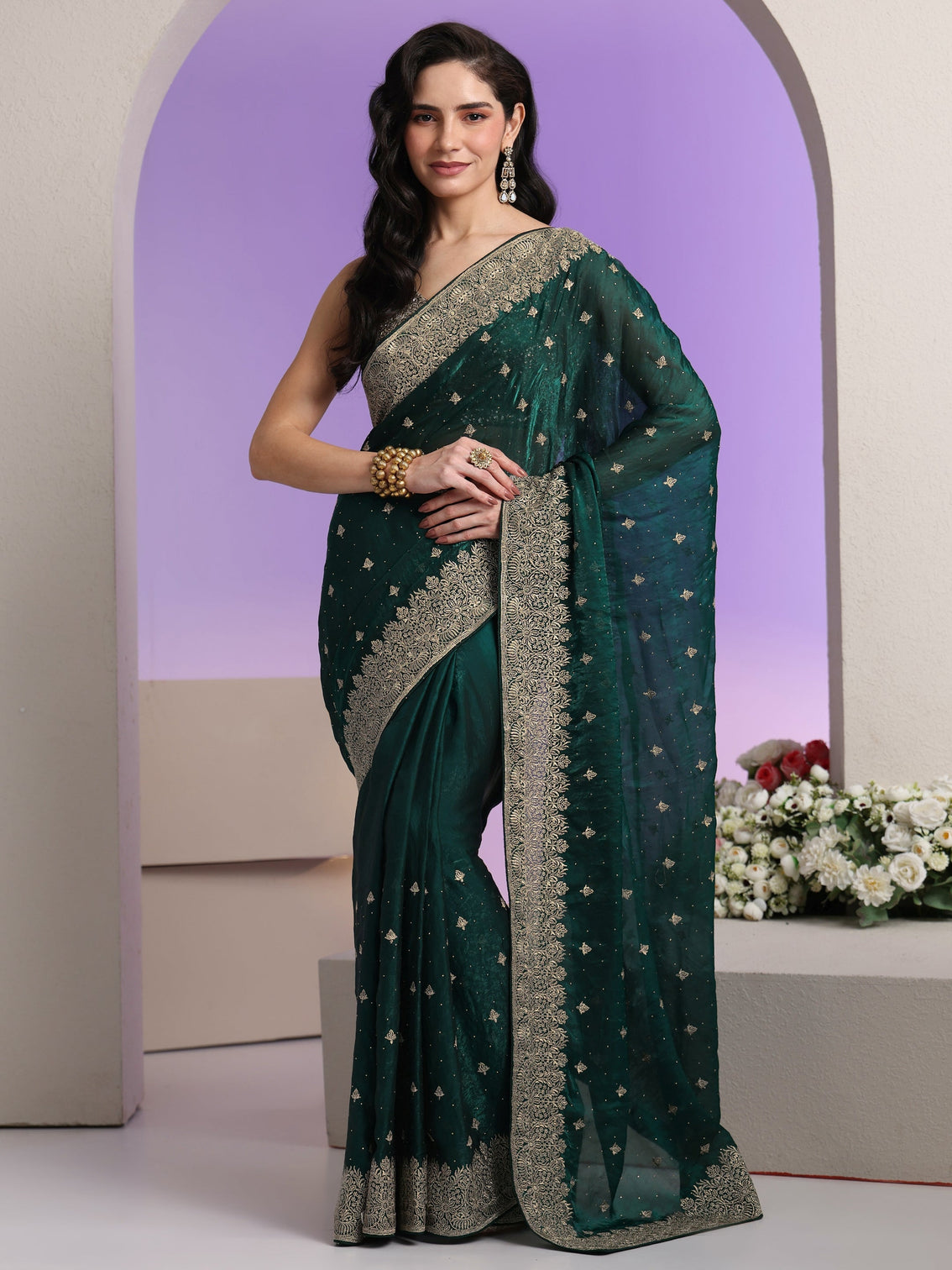 Mameraa Dark Teal Green Embroidered Tissue Saree
