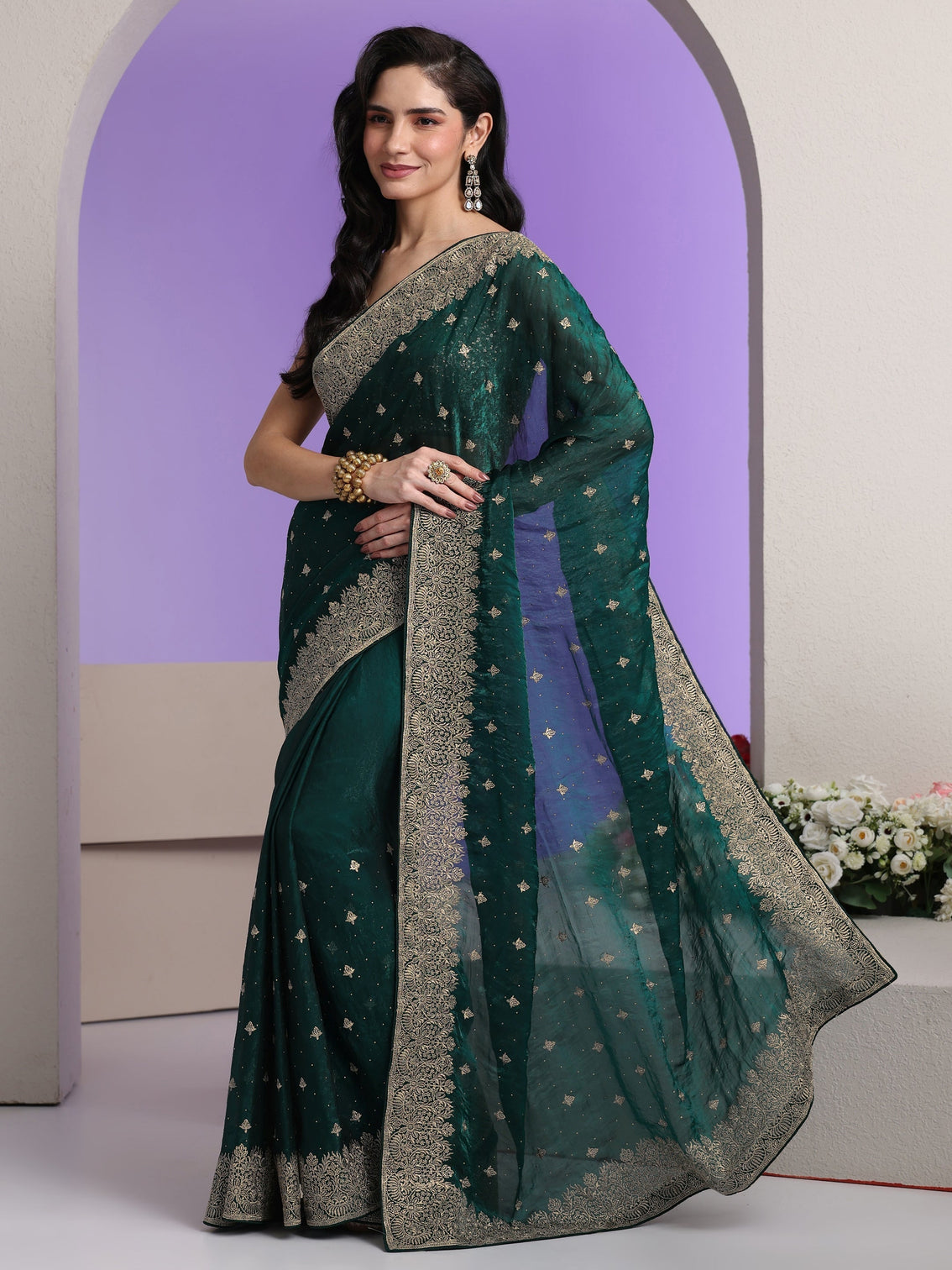 Mameraa Dark Teal Green Embroidered Tissue Saree